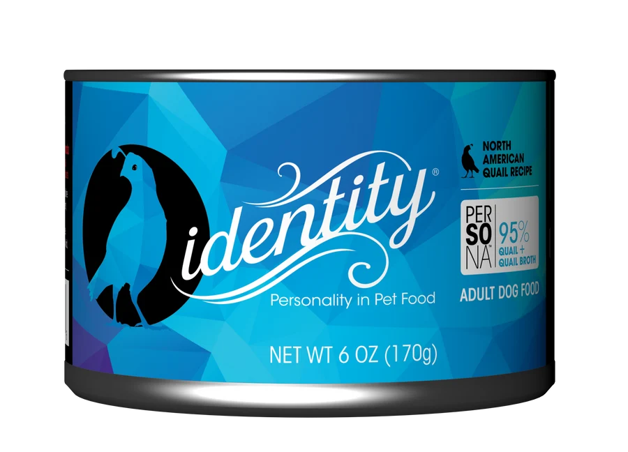 Identity Persona wet dog food for sensitive stomach featuring 95% North American quail in a delicious pâté.