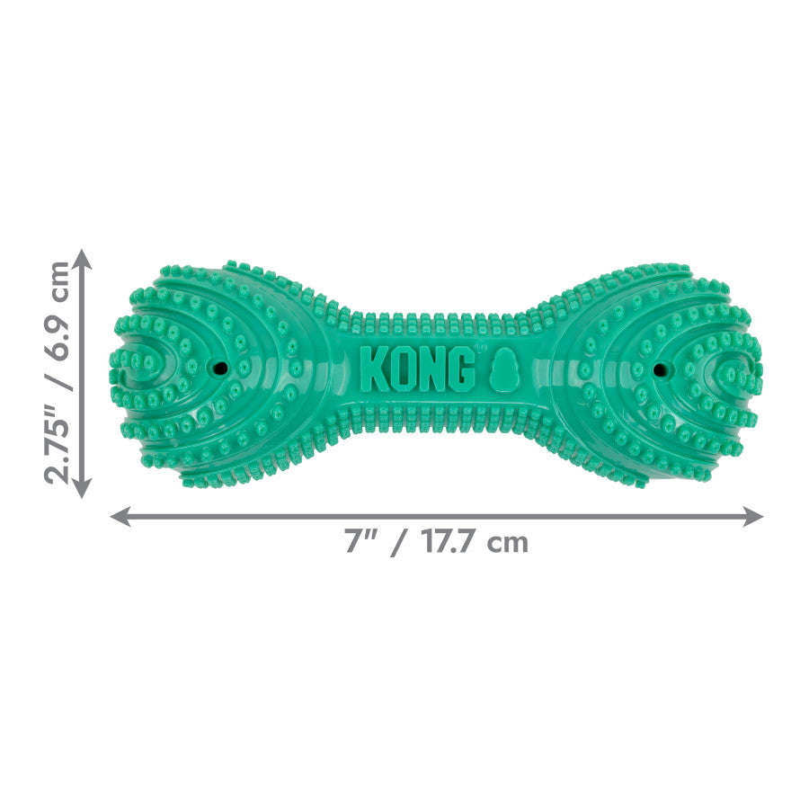 KONG Corestrength Dumbbell Dog Toy in teal, 7 inches long, with textured surfaces for grip and play. Durable design for activ