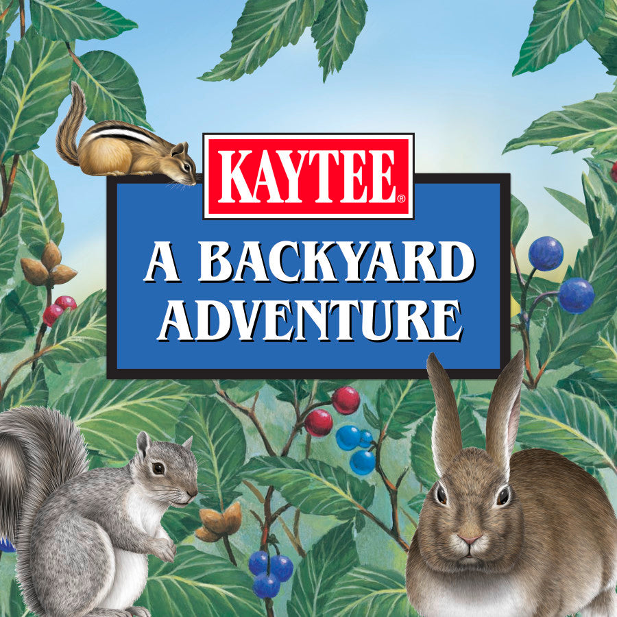 Kaytee A Backyard Adventure logo with illustrations of a chipmunk, squirrel, and rabbit.