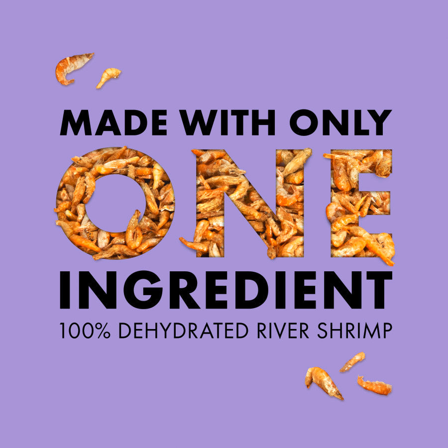 Zilla Freeze Dried River Shrimp Munchies for Reptiles, featuring the text "Made with only ONE ingredient" on a purple backgro