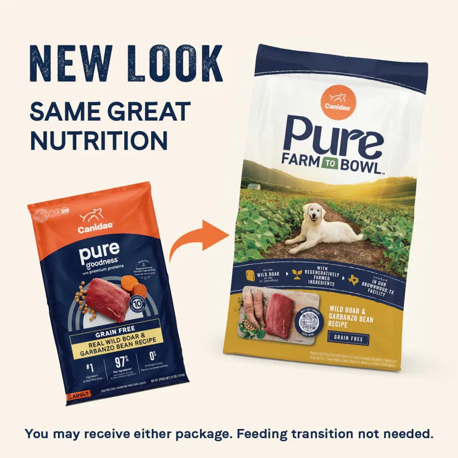 Grain-free wild boar and garbanzo bean recipe dog food by Canidae, featuring new and old packaging.