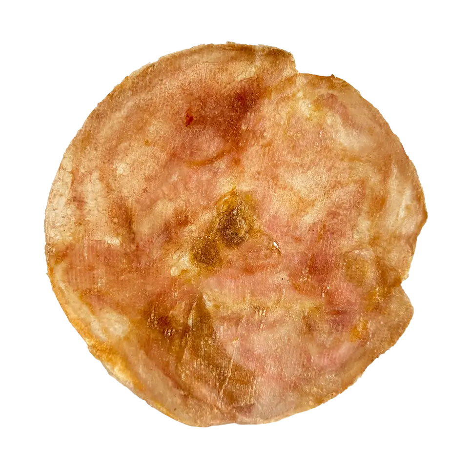 A single, round, thin, and textured pork bladder disc dog chew treat on a white background.