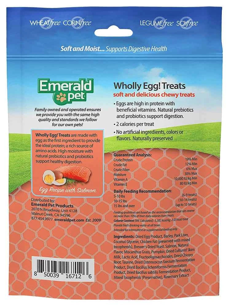 Back of a blue and orange bag of Emerald Pet Wholly Egg Cat Treats with ingredients and nutrition.
