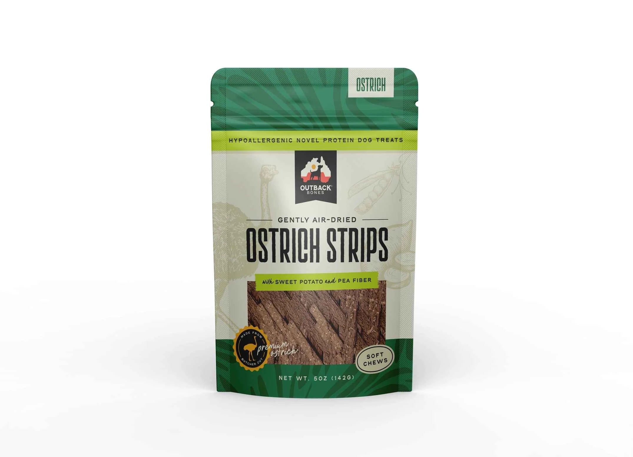 Ostrich Strips Sweet Potato & Pea Fibe Air Dried Dog Treats 5 oz