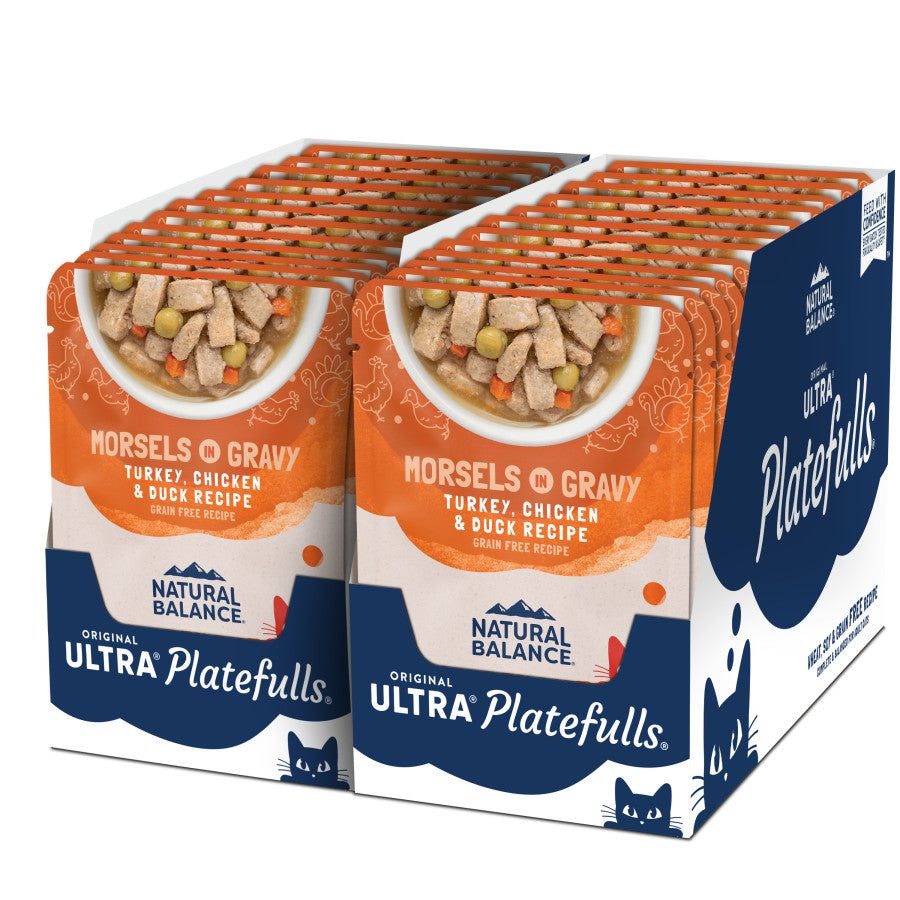 Talis Us Natural Balance Cat Wet Food Platefulls Turkey Chicken & Duck Formula in Gravy, 3 oz, 24 pack, featuring colorful pa