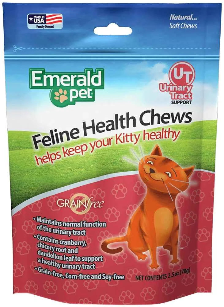 Emerald Pet Feline Health grain-free urinary tract support soft chews for cats in a 2.5oz bag.