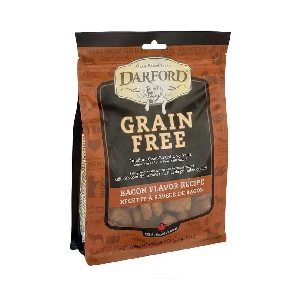 A 12 oz bag of Darford® Grain Free Bacon Recipe Premium Oven Baked Dog Treats. The brown and orange packaging features a window, showcasing these healthy treats made in Canada.