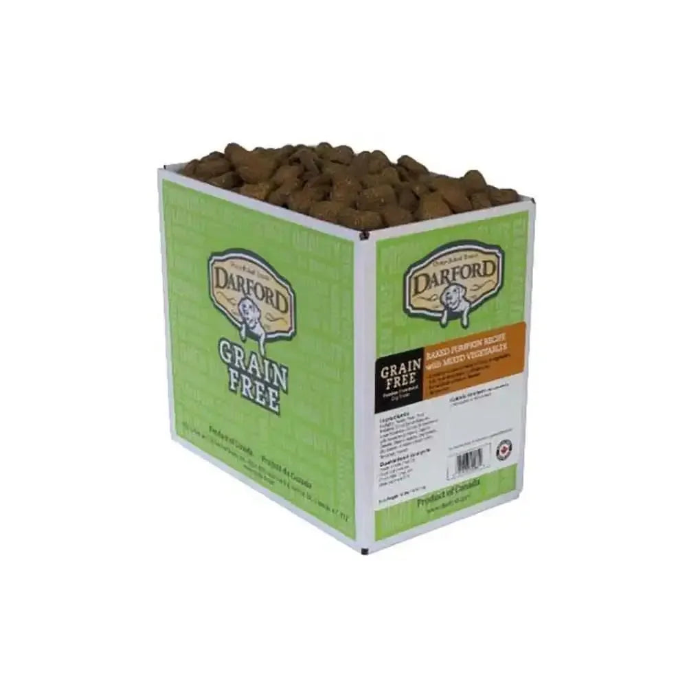 A large green and white box labeled Darford® Grain Free Baked Pumpkin Recipe with Mixed Vegetables Dog Treats 15 lbs contains healthy brown treats. Branding and product details are shown on the sides.
