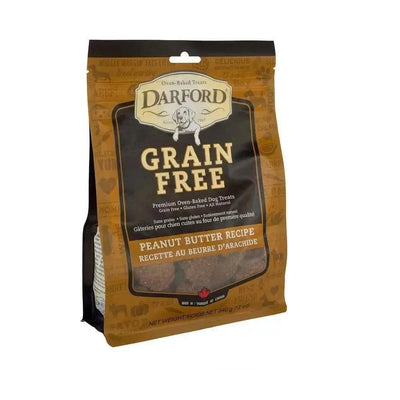 A brown bag of Darford® Grain Free Peanut Butter Dog Treats 12 Oz, featuring a playful dog illustration and bilingual details. These Darford treats offer premium grain-free nutrition and taste for your dog.