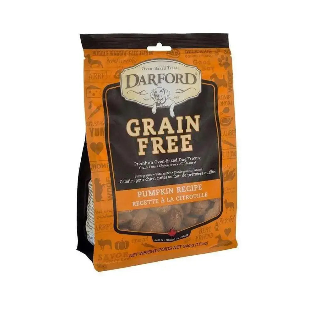 A 12 oz bag of Darford® Grain Free Pumpkin Recipe Premium Oven Baked Dog Treats—antioxidant-rich treats in orange and brown packaging featuring a dog graphic and bilingual text.