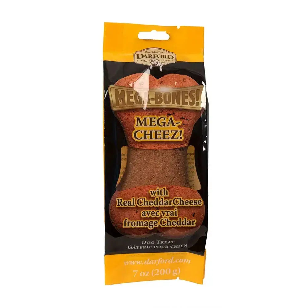 Darford® Mega-Cheez! Flavor Bone Dog Treat 7 Oz features a large, bone-shaped biscuit with real cheddar cheese, oven-baked and packaged in a yellow and black bag.