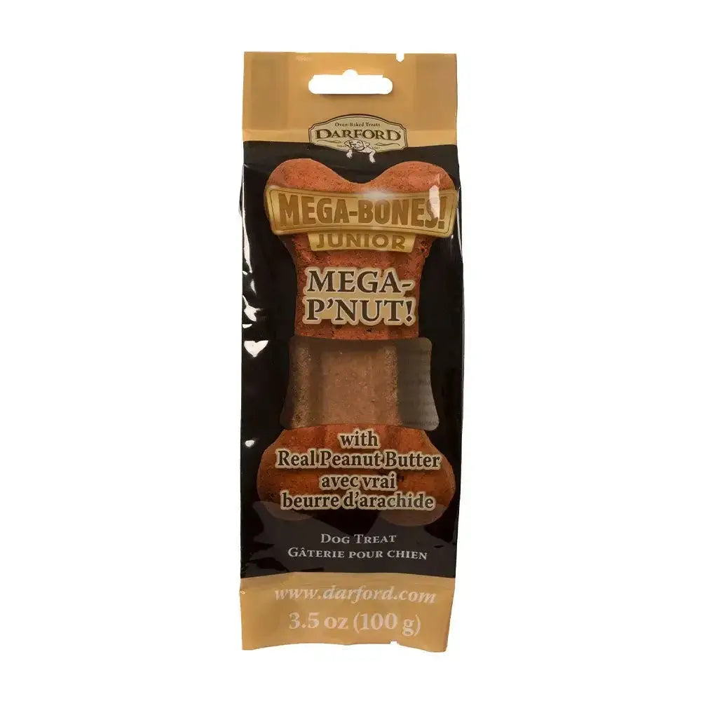 A 3.5 oz Darford® Mega-P’Nut! Jr. Flavor Bone Dog Treat, featuring a healthy, crunchy bone-shaped design and real peanut butter, in brown and gold packaging from Darford.