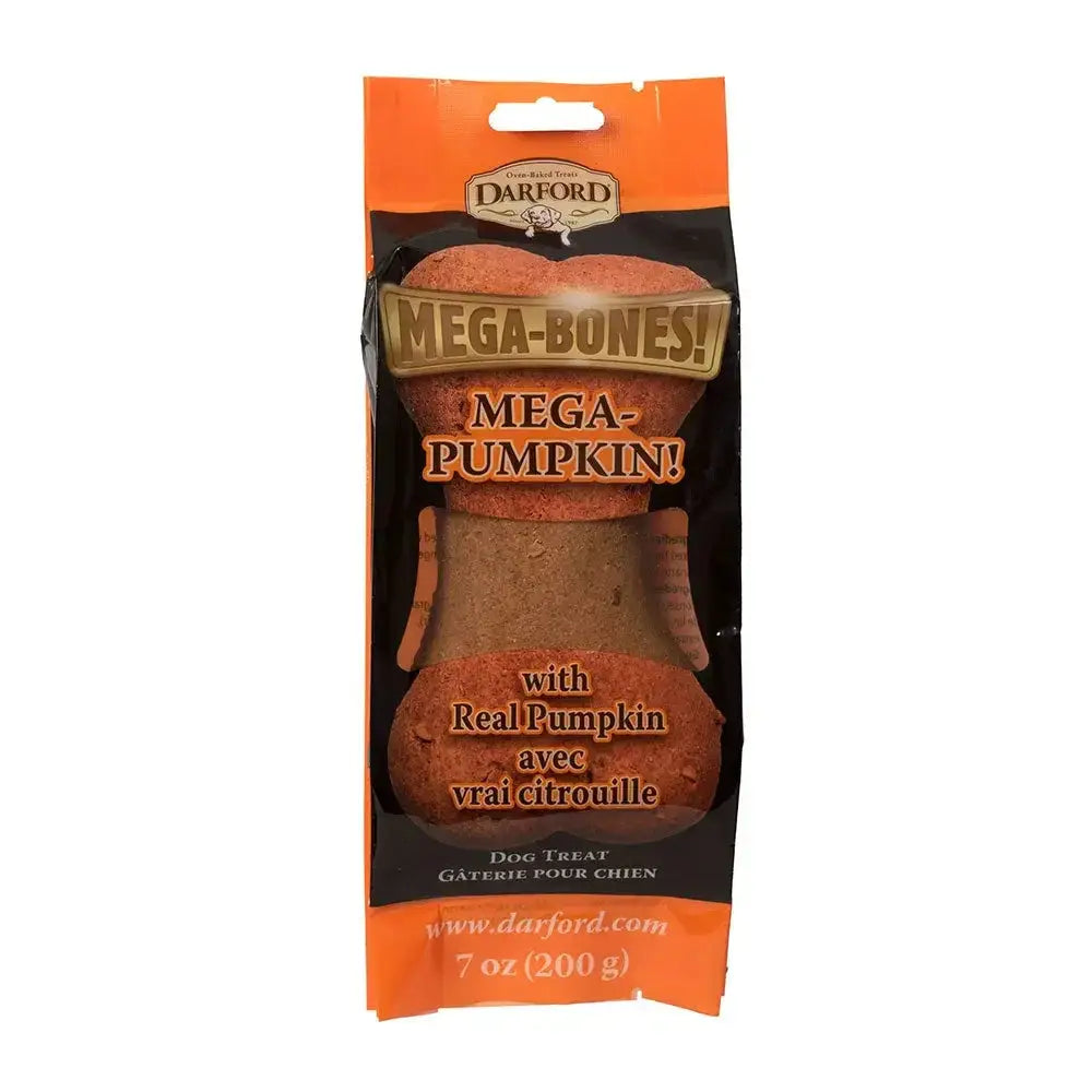 The Darford® Mega-Pumpkin! Flavor Bone Dog Treat (7 oz) features a large, bone-shaped treat with bold MEGA-PUMPKIN! text and real pumpkin on the front. Brand: Darford.