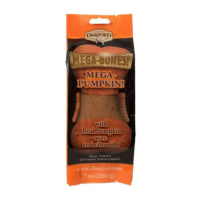 The Darford® Mega-Pumpkin! Flavor Bone Dog Treat (7 oz) features a large, bone-shaped treat with bold MEGA-PUMPKIN! text and real pumpkin on the front. Brand: Darford.