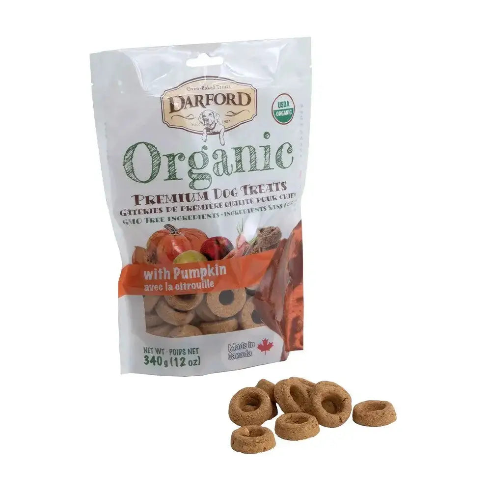 A bag of Darford® Organic Premium Pumpkin Dog Treats (340g/12oz) is shown with round, brown treats in front. The packaging highlights these organic, meat-free dog treats from Darford.