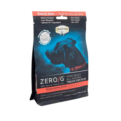 A 6 oz bag of Darford® ZERO/G® Minis Roasted Salmon Dog Treats, shown with a black dog image and bold red and blue packaging. These grain-free treats by Darford offer a healthy option for your dog.