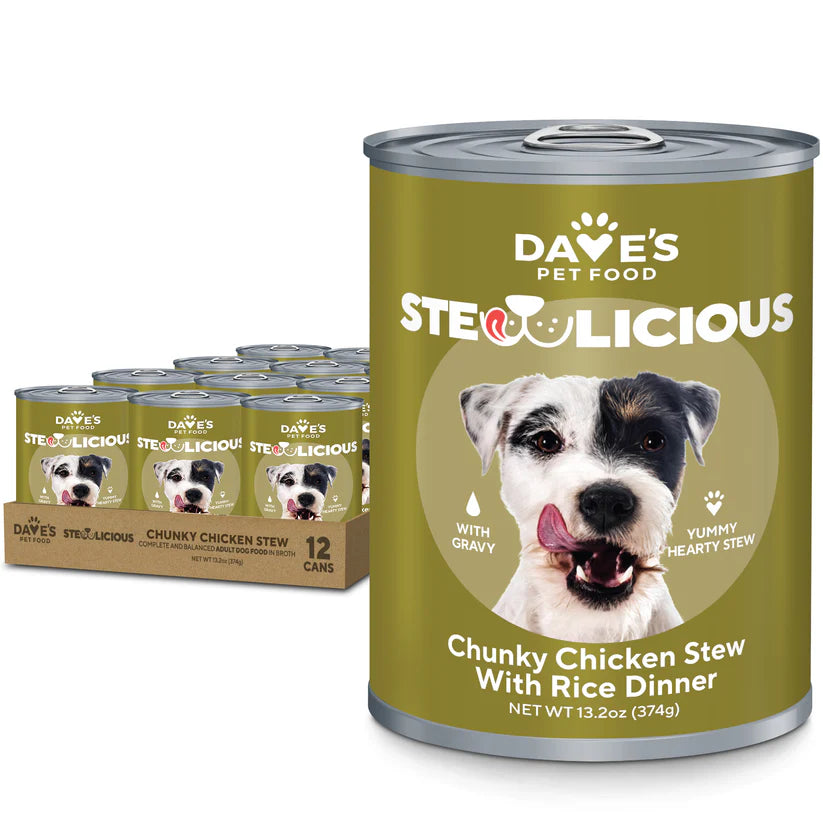Dave's Pet Food Chunky Chicken Stew Dog Food with Rice in a 13.2oz can, perfect for hearty meals for dogs