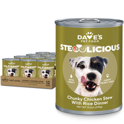Dave's Pet Food Chunky Chicken Stew Dog Food with Rice in a 13.2oz can, perfect for hearty meals for dogs