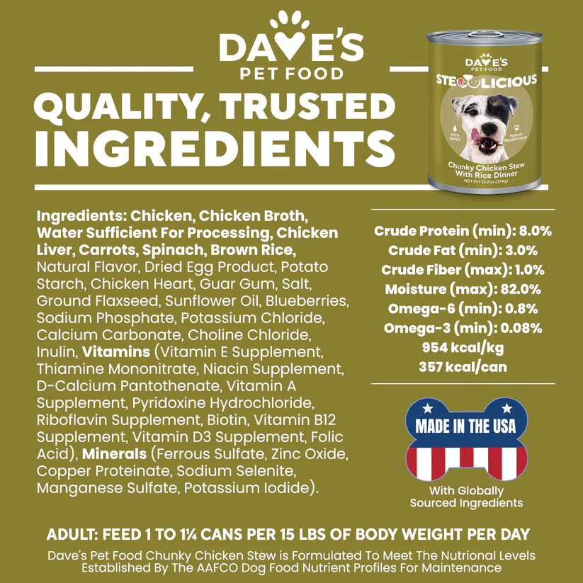 Dave's Pet Food Chunky Chicken Stew Dog Food can featuring quality ingredients for healthy dogs