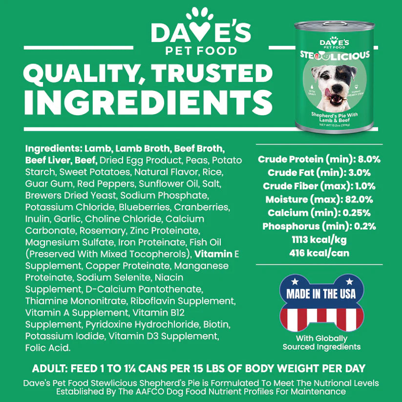 Dave's Pet Food Lamb & Beef Dog Food in a green can, formulated for nourishing wet meals for dogs