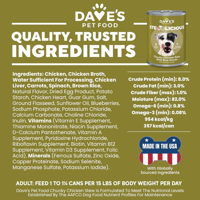 Dave's Stewlicious Chunky Chicken and Rice Stew Dog Food 12ea/13.2 oz - Talis Us
