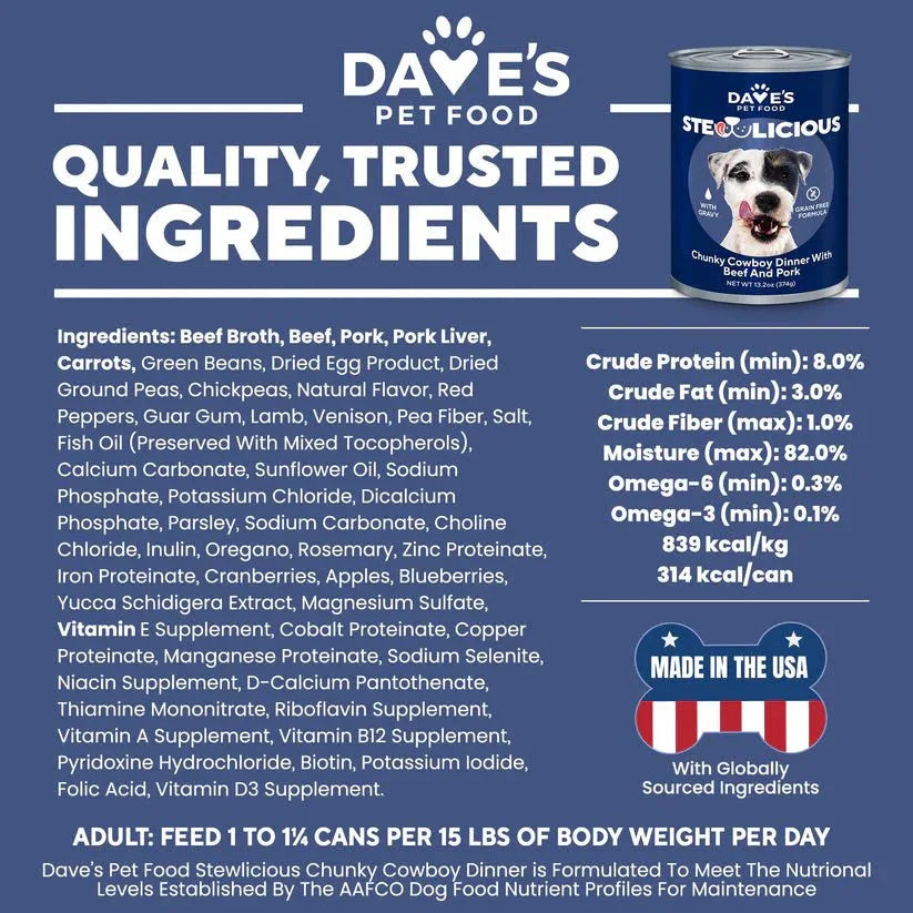 Dave's Stewlicious Chunky Cowboy Dinner with Beef and Pork Dogs Food 12ea/13.2 oz - Talis Us