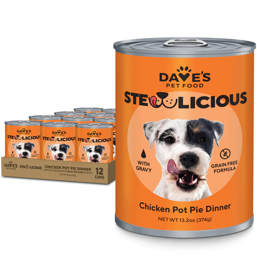 Dave's wet dog food chicken dinner in a 13.2oz can featuring a happy dog on the label