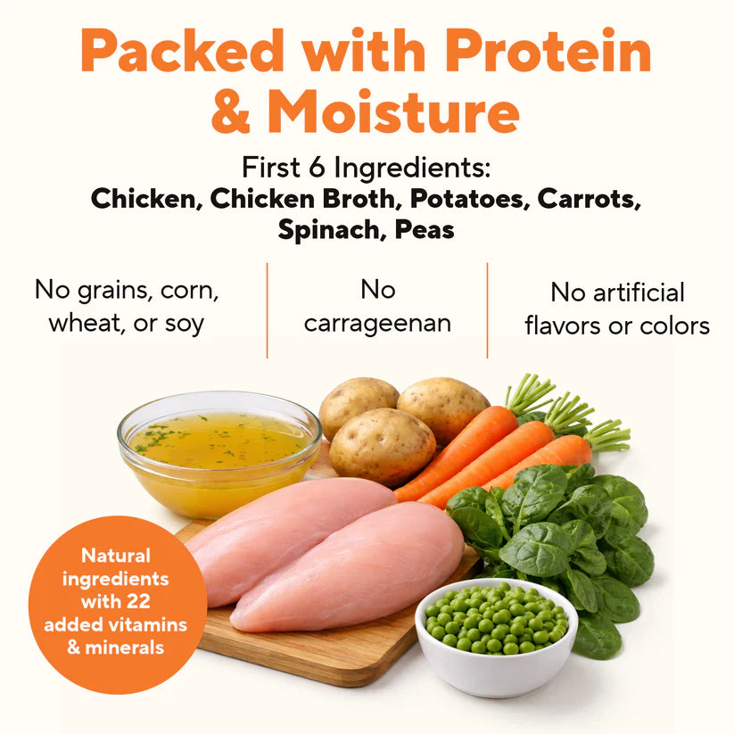 Dave's wet dog food chicken dinner with natural ingredients like chicken, carrots, and peas for dogs