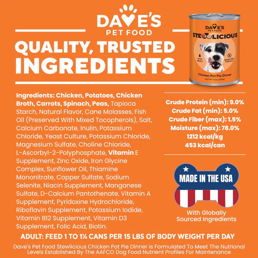 Dave's wet dog food chicken dinner in a can with quality ingredients for nutritious meals