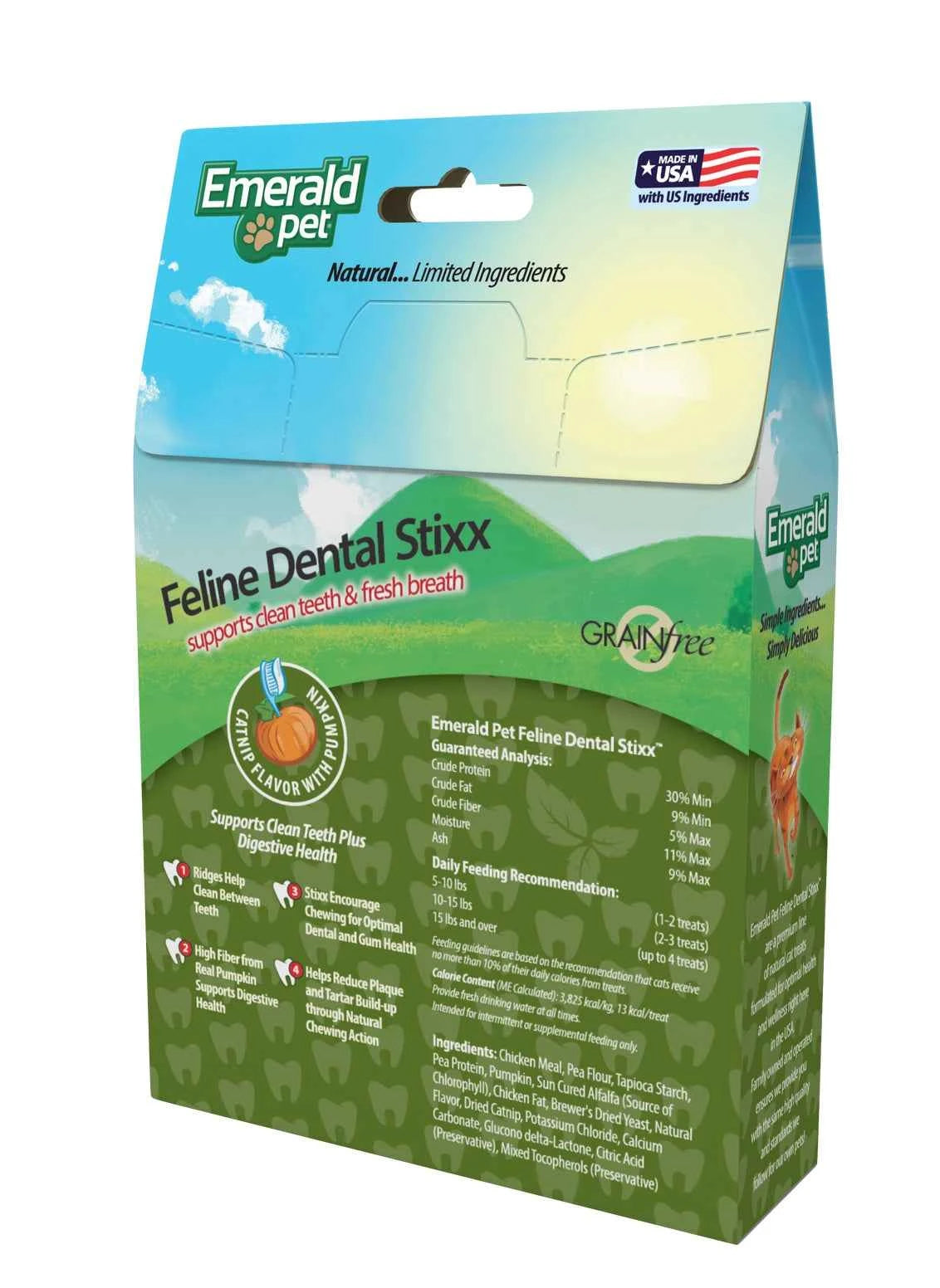 Emerald Pet Feline Dental Stixx cat treats in a green box with catnip and pumpkin flavor.