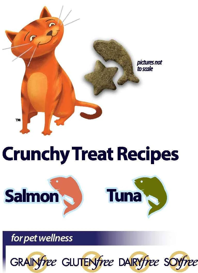 Emerald Pet Wholly Fish cat treats graphic showing salmon and tuna recipes with dietary benefits.