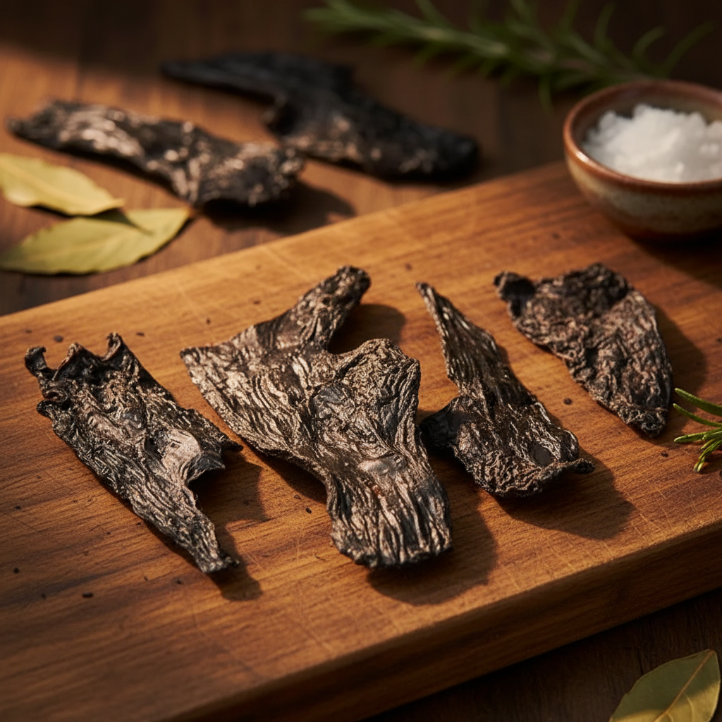 Dried beef liver dog treats arranged on wooden board with herbs and coarse salt in background
