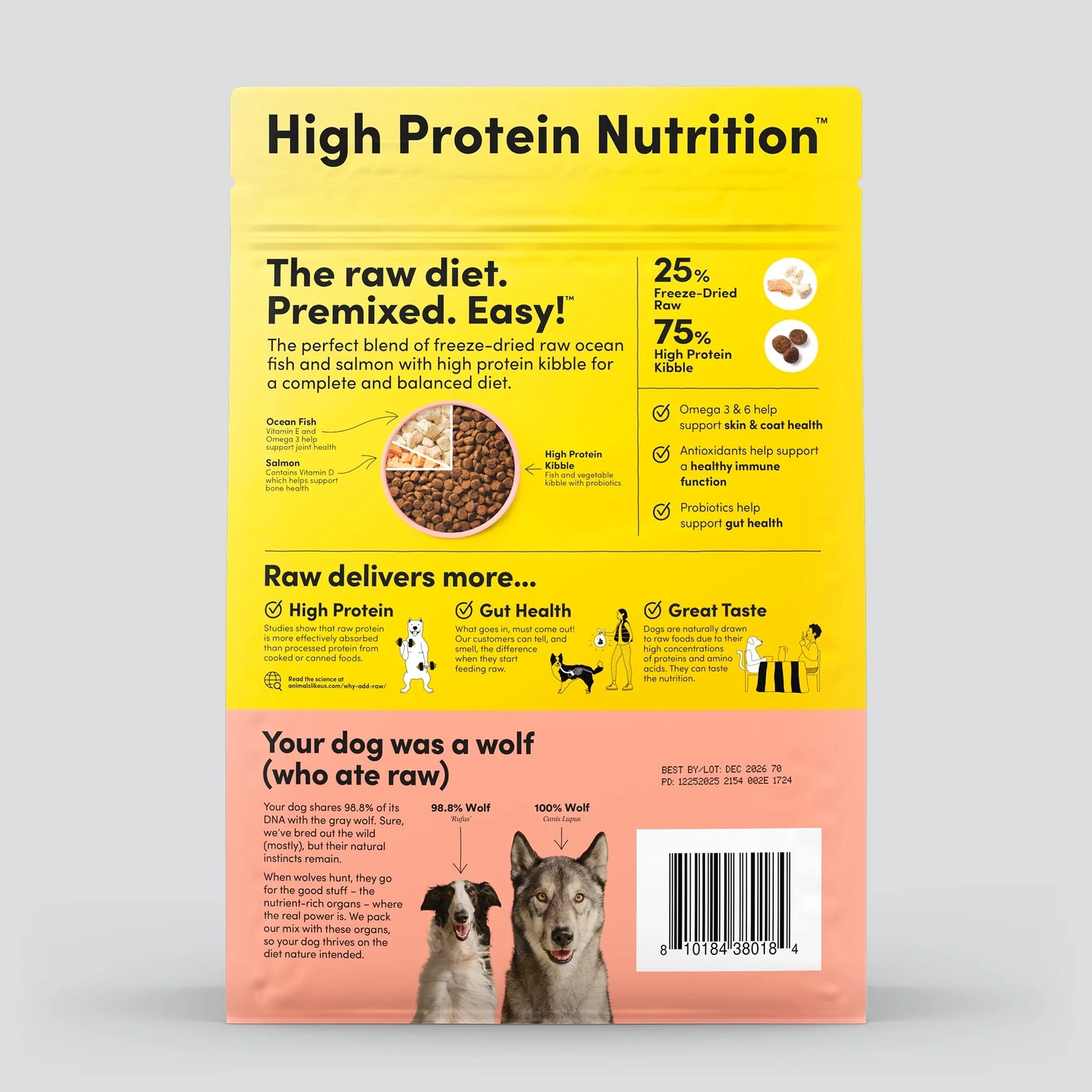 Yellow and pink bag showing freeze-dried ocean fish and salmon dog food with nutritional benefits and feeding info