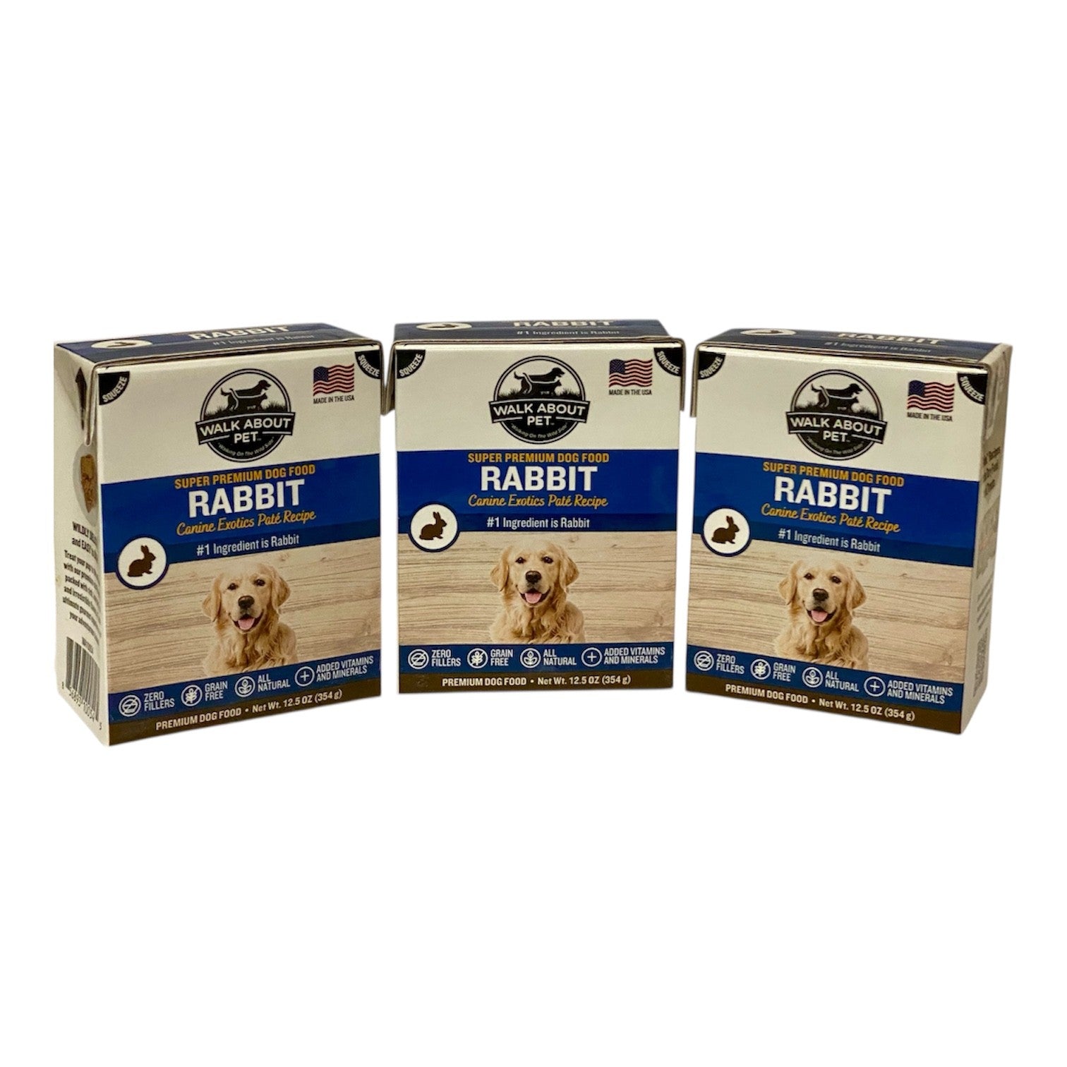 Three 12.5 oz cartons of Walk About Pet Canine Exotics Rabbit Pate Wet Dog Food.