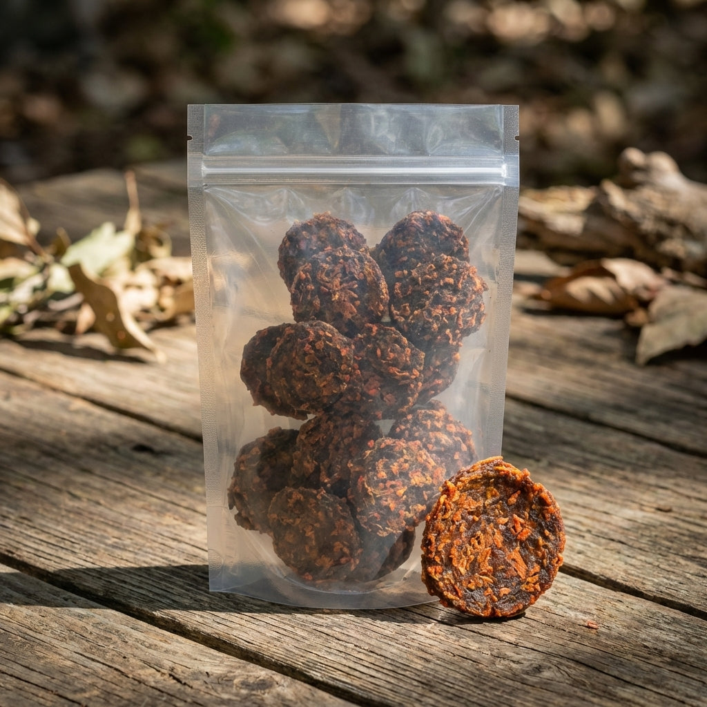Close-up of a crispy dehydrated chicken and carrot dog treat on a textured wooden surface, highlighting micro-texture and natural ingredients.