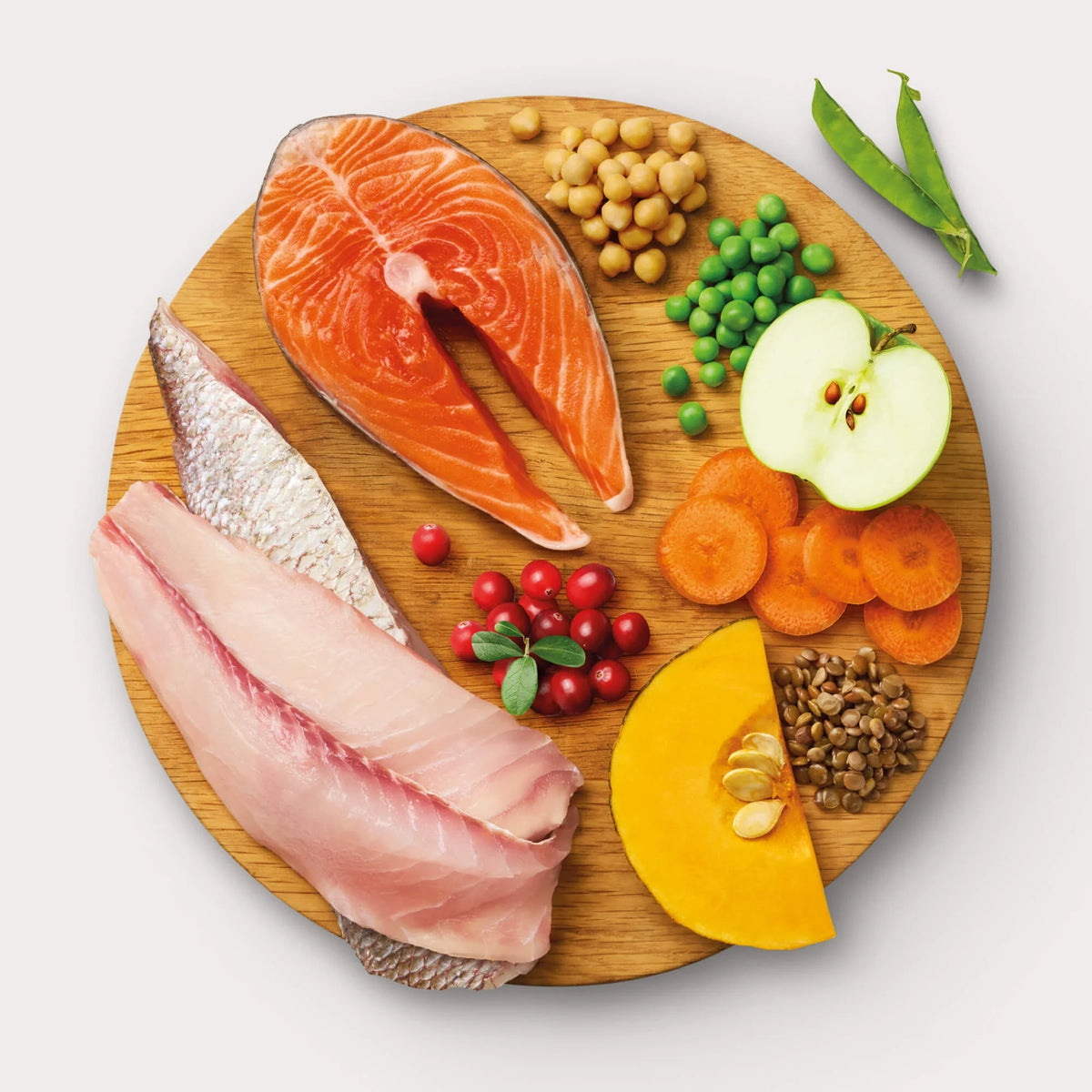 Fresh raw ingredients arranged on wood board including ocean fish, salmon, apple, pumpkin, carrots, peas, and seeds for dog food