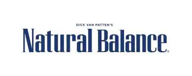 Dick van patten’s natural balance logo in bold blue serif font.