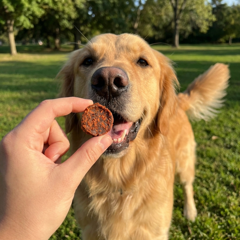 Person offering a treat to a dog outdoors, capturing a joyful moment in natural light.