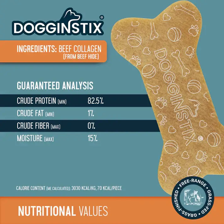 Dogginstix natural dog chew for joint health made from beef collagen with guaranteed nutritional analysis