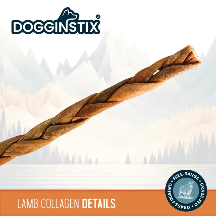 Dogginstix braided lamb collagen dog chews, healthy treat for dogs made from free-range lamb