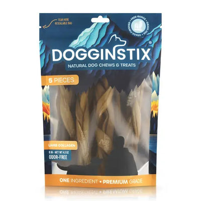 Dogginstix Braided Lamb Collagen Dog Chews in a resealable bag featuring 5 odor-free treats
