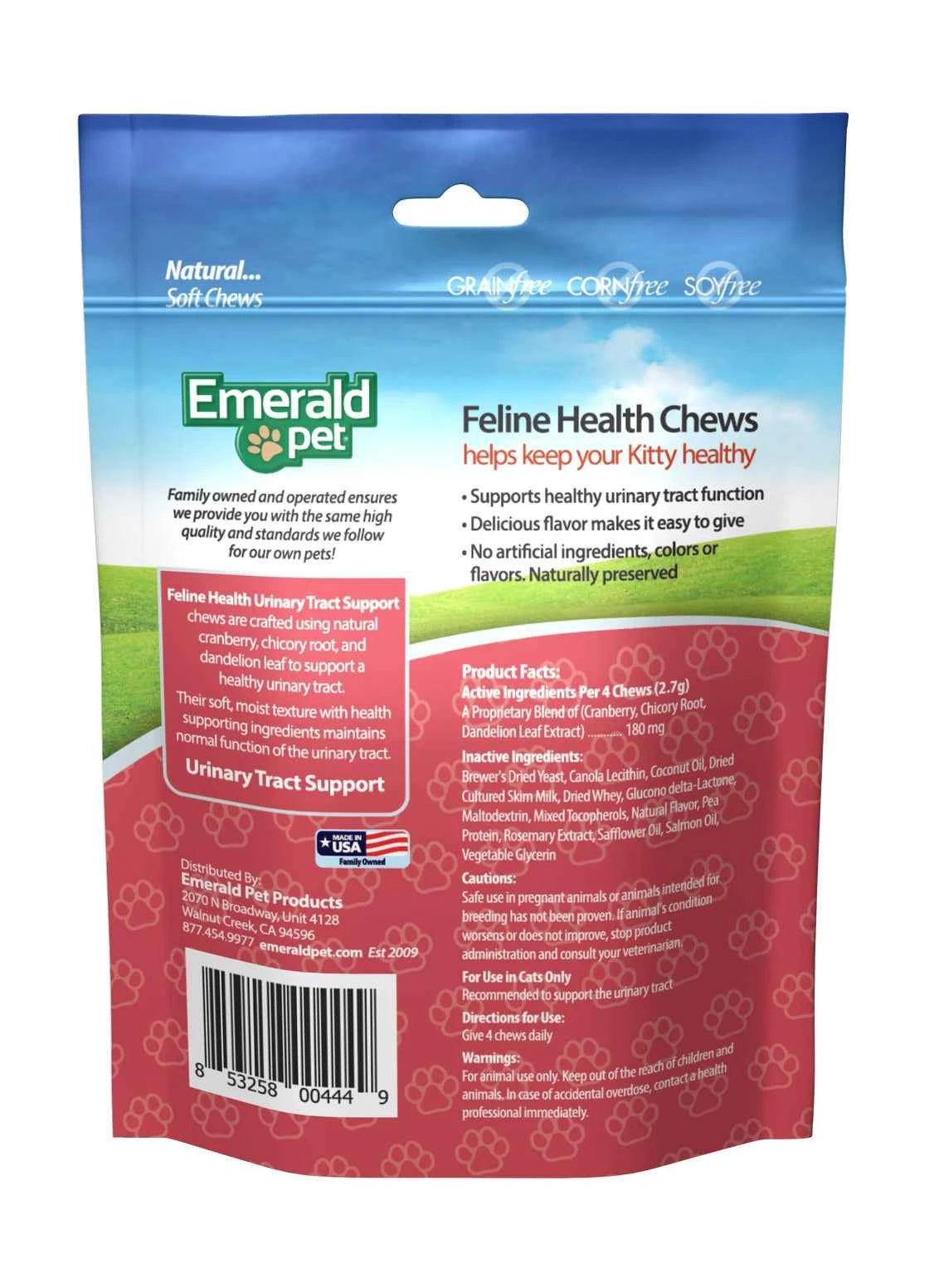 The back of a blue and red bag of Emerald Pet Feline Health Grain-Free Cat Soft Chews.