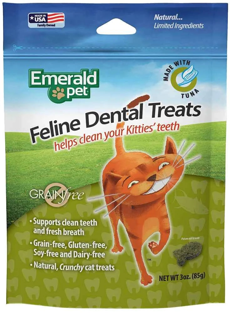 Emerald Pet Feline Dental Grain-Free Cat Treats in a 3 oz blue and green resealable pouch.