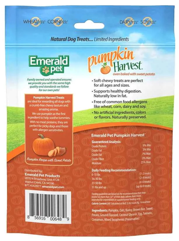 The back of a bag of Emerald Pet Pumpkin Harvest dog treats showing ingredients and feeding guide.