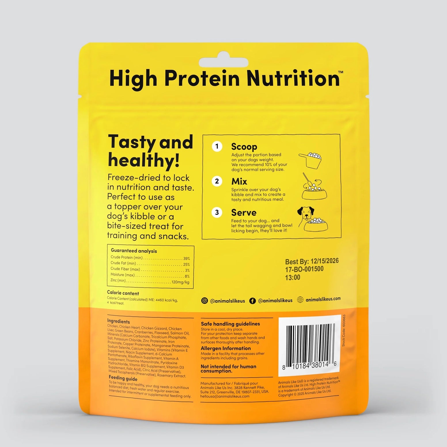 Back of yellow and orange bag showing feeding instructions and nutrition details for freeze-dried chicken dog food topper