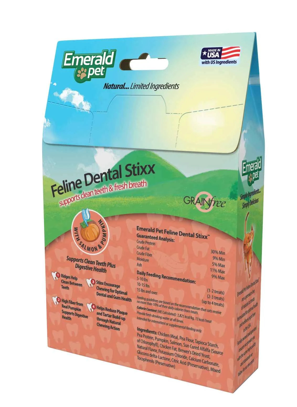 Emerald Pet Feline Dental Stixx grain-free cat treats in a salmon and pumpkin flavored box.