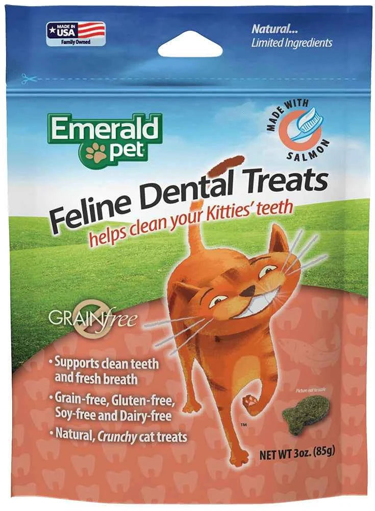 Emerald Pet Feline Dental Grain-Free Cat Treats in a 3 oz blue and green resealable pouch.