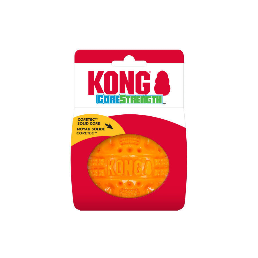 KONG Corestrength Ball Dog Toy in bright orange packaging, featuring a durable ball designed for playful pups.