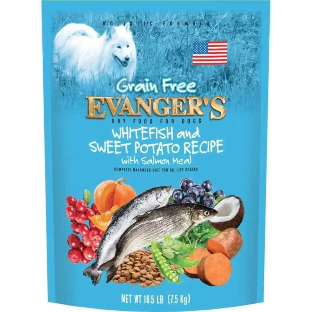 Blue bag of Evanger’s Grain-Free Whitefish & Sweet Potato with Buffalo Dry Dog Food, featuring a white dog, fish, sweet potatoes, berries, veggies, and a small U.S. flag. High-protein formula for dogs. Net weight 16.5 lb (7.5 kg).