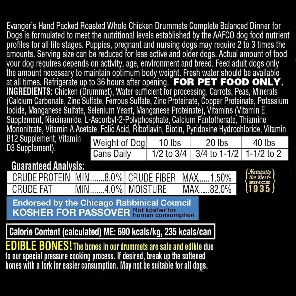 Evanger's Hand Packed Roasted Chicken Drummet Dinner Canned Dog Food 12ea/12 oz Evanger's